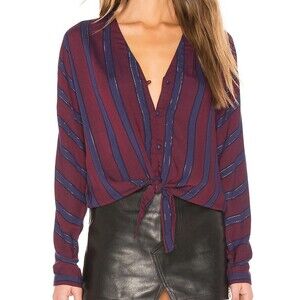 Rails Sloane Janeiro Stripe Blouse Burgundy Navy Metallic Shimmer Luxe Tie-Front